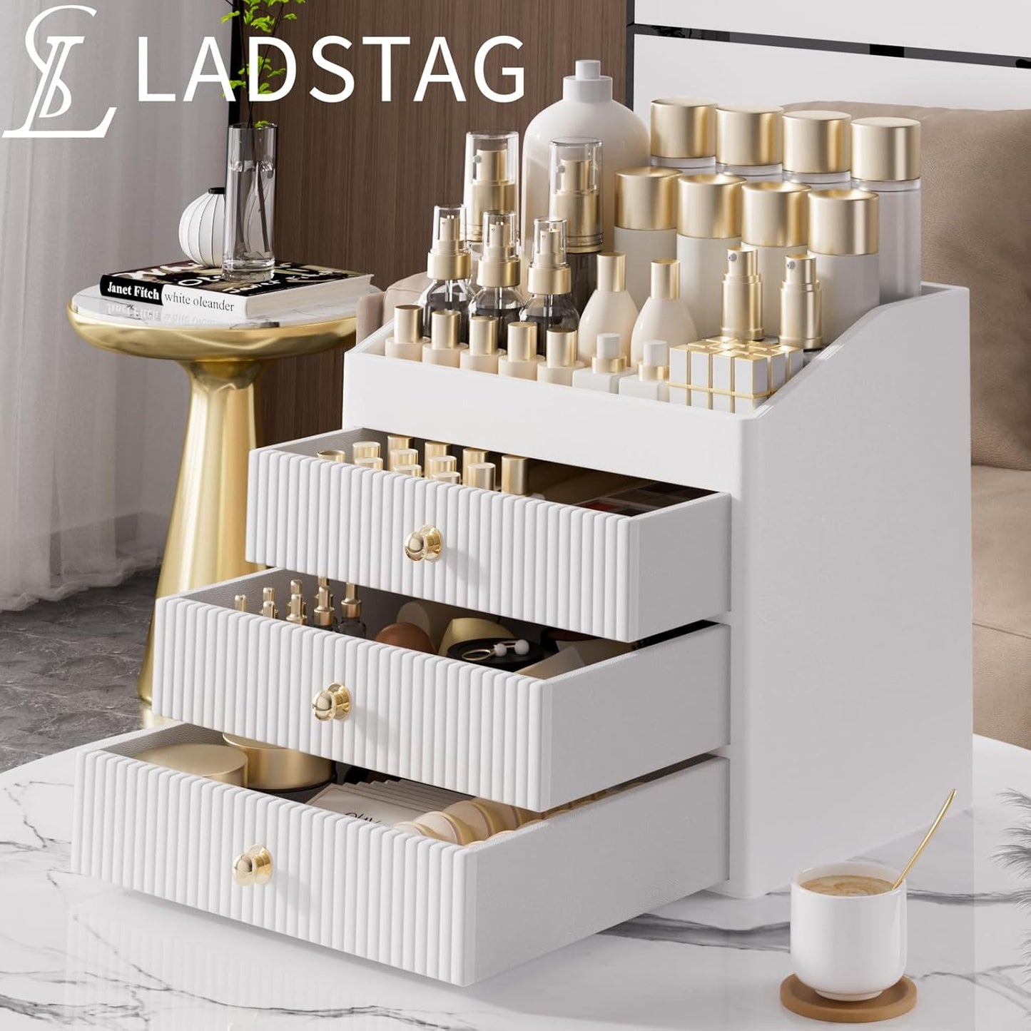 Vanity Organizers,Luxury Skincare Organizer with 3 Tier Drawers,Beige White Large Capacity Cosmetic Organizer Countertop for Makeup Brush,Dresser,Bedroom,Bathroom,Mom Gifts,Mom Birthday Gifts