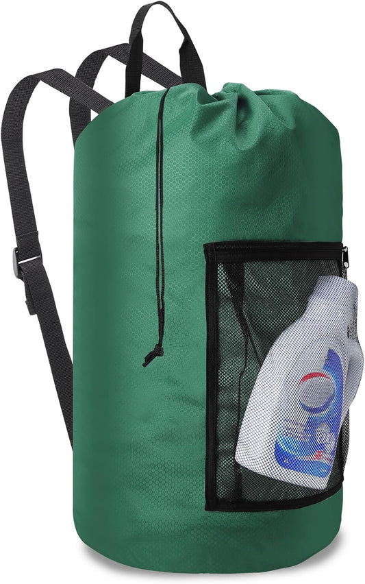 Femuar Laundry Bag Backpack Durable Laundry Bag with Shoulder Straps and Mesh Pockets Portable Laundry Dirty Clothes Hamper Bag for College Dorm (Green)
