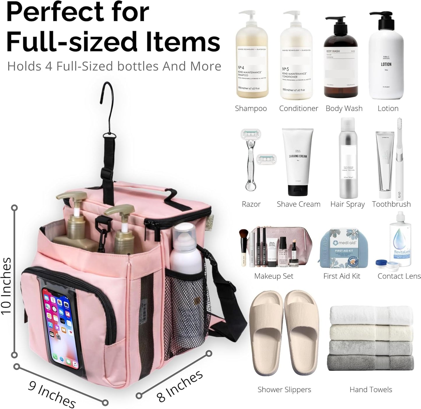 XL Portable Shower Caddy Bag for Girls with Extra Storage, Durable Mesh Bottom, Shoulder Strap, Keychain Holder Shower Caddy Case for College Dorms - Travel Vacation Essentials (Blush Pink)
