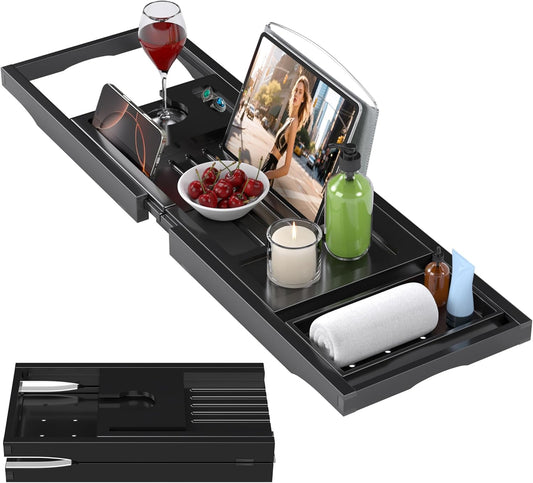 Foldable Bathtub Caddy Tray for Tub,Bamboo Expandable Bath Table Trays,Premium Bathroom Accessories for New Home & Mothers Day & Birthday Gifts for Couples,Black