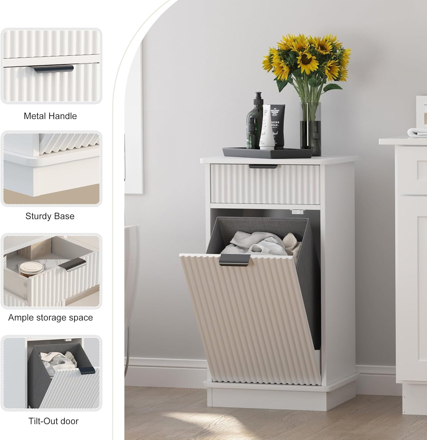 White Tilt Out Laundry Hamper Cabinet Hidden Laundry Hamper Cabinet with Drawers and Baskets for Bathroom Hamper with Storage for Kitchen Bedroom,16x16x30in