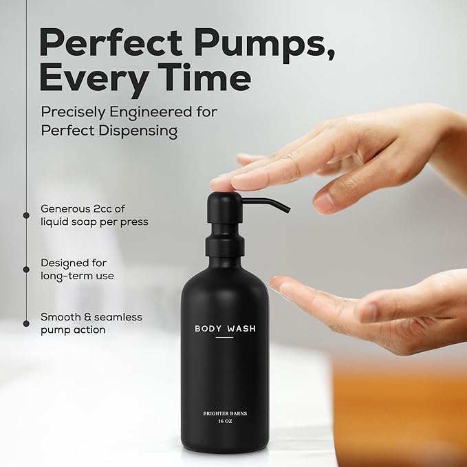 Black Shampoo and Conditioner Dispenser Set by Brighter Barns - Refillable Plastic Shower Soap Dispensers for Bathroom - Body Wash & Shampoo Bottles - Modern Bathroom Decor for Hotel, Airbnb (Black)