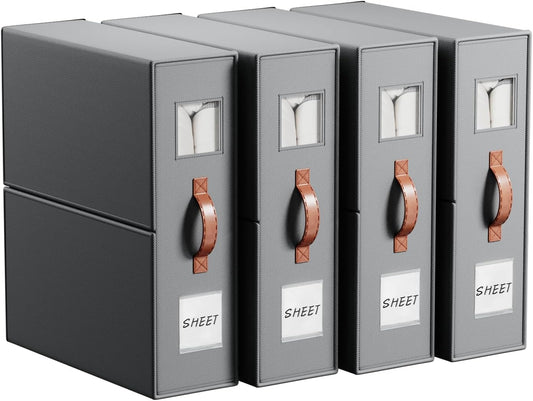 4 Pack Bed Sheet Storage Organizers- Premium Fabric Closet Organizer with Clear View Window, Space-Saving Foldable Design for Queen/King Size Bedsheets, Blankets & Duvet Covers