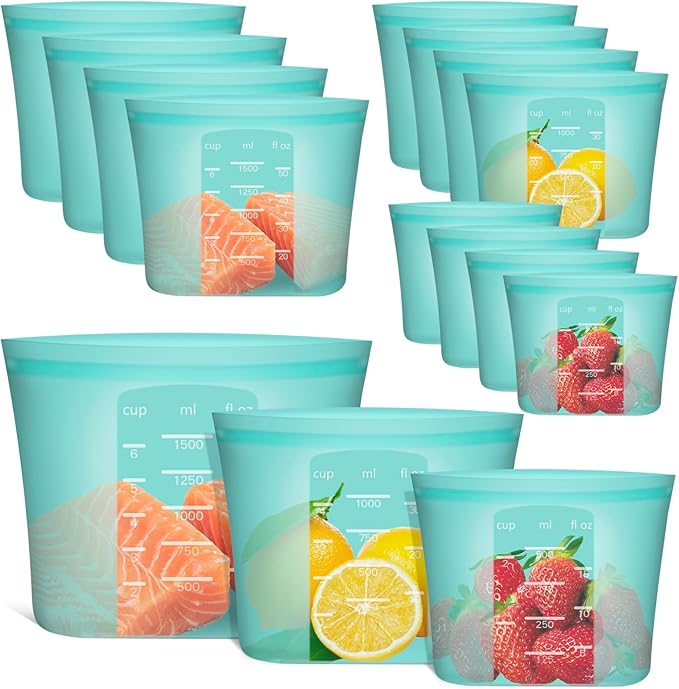 Reusable Food Bags, 12 Pack 100% Silicone Food Storage Bags Stand Up Zip Lock Container, Freezer Microwave Oven Dishwasher Safe, 4 Medium 4 Small 4 Extra Small, Aqua