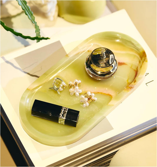 Natural Marble Decorative Tray for Countertop Organizer,Vanity Tray Trays for Jewelry Perfume Candle, Luxury Oval Stone Dish for Bathroom, Bedroom, 9.8"x4.4" Catchall Tray, Olive Green