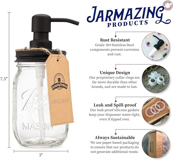 Jarmazing Products Mason Jar Soap Dispenser - Black - 16 oz Ball Mason Jar Liquid Dispenser for Kitchen & Bathroom - Glass - Kitchen Soap Dispenser with Rust Proof Stainless Steel Pump & Lid