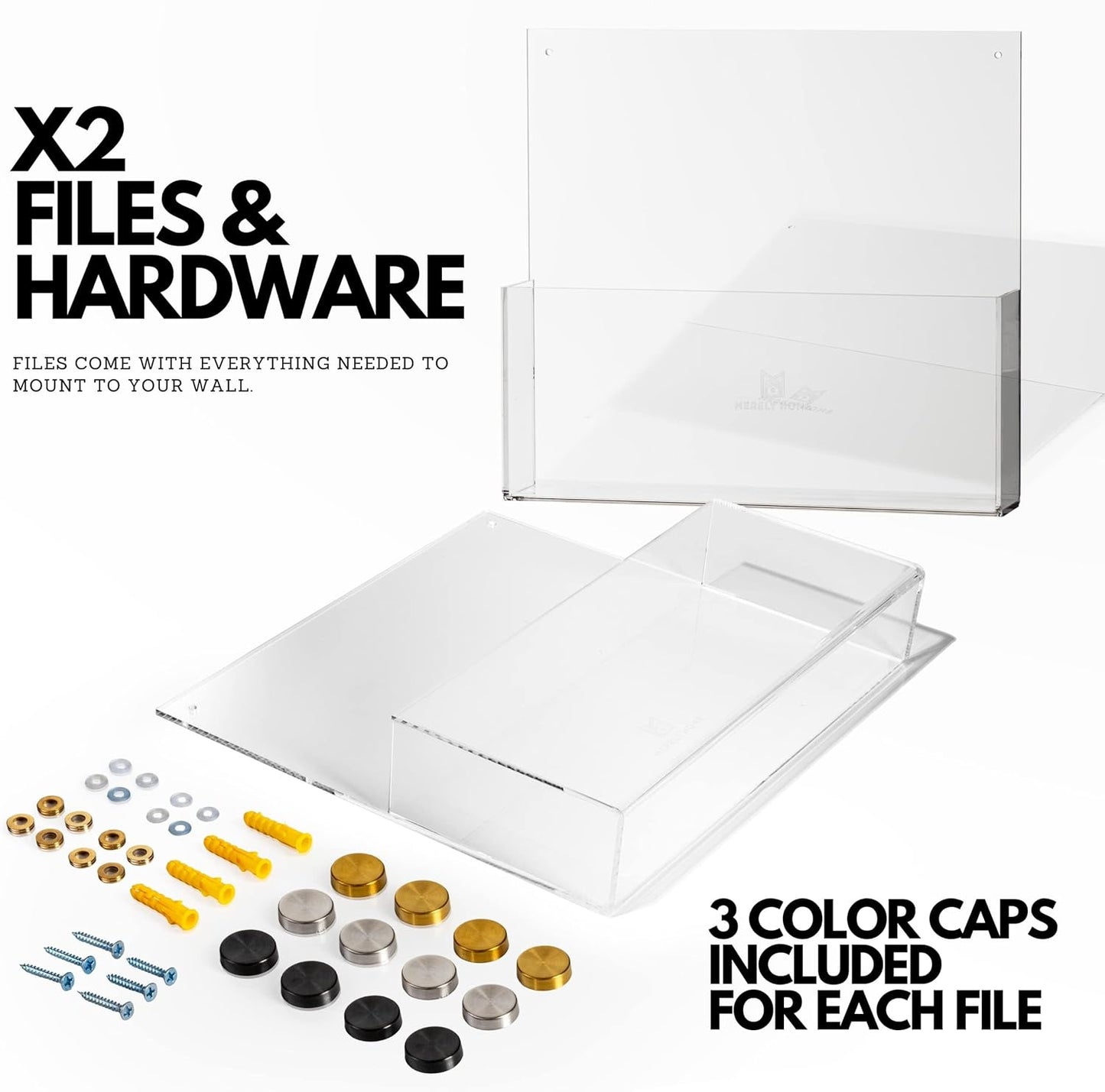 Premium Clear Acrylic Wall File Organizer 2-Pack | Mail Holder Wall Mount | Office Document Sorter with 3 Screw Cap Colors