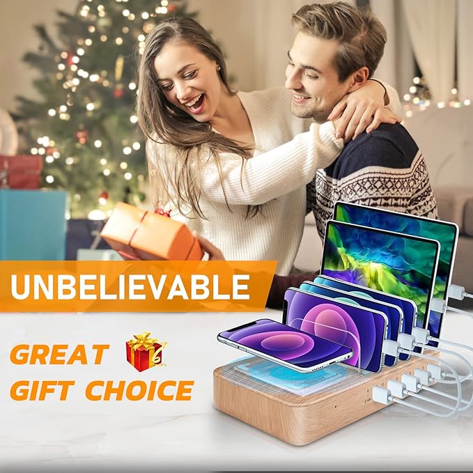 Fastest Charging Station for Multiple Devices, Presents for Him Her 5 USB Ports Chargers for Multiple Devices for Charging Pad for Apple/AirPods/iPad/Samsung/Android/Tablet