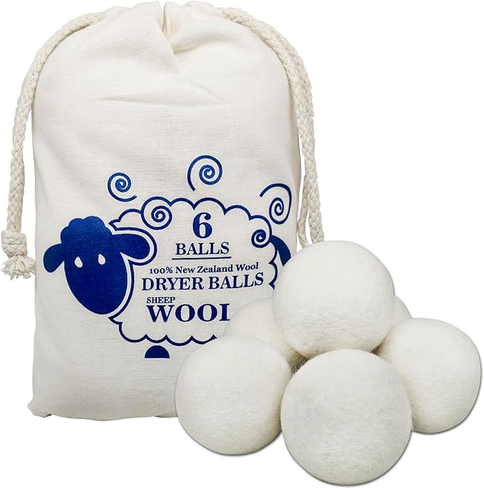 Reusable Wool Dryer Balls for Laundry, 6-Pack Handmade Drying Balls 2.36 in, Natural Fabric Softener, Helps Soften Clothes and Shorten Drying Time, with Cotton Storage Bag
