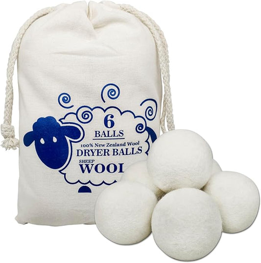 Reusable Wool Dryer Balls for Laundry, 6-Pack Handmade Drying Balls 2.36 in, Natural Fabric Softener, Helps Soften Clothes and Shorten Drying Time, with Cotton Storage Bag