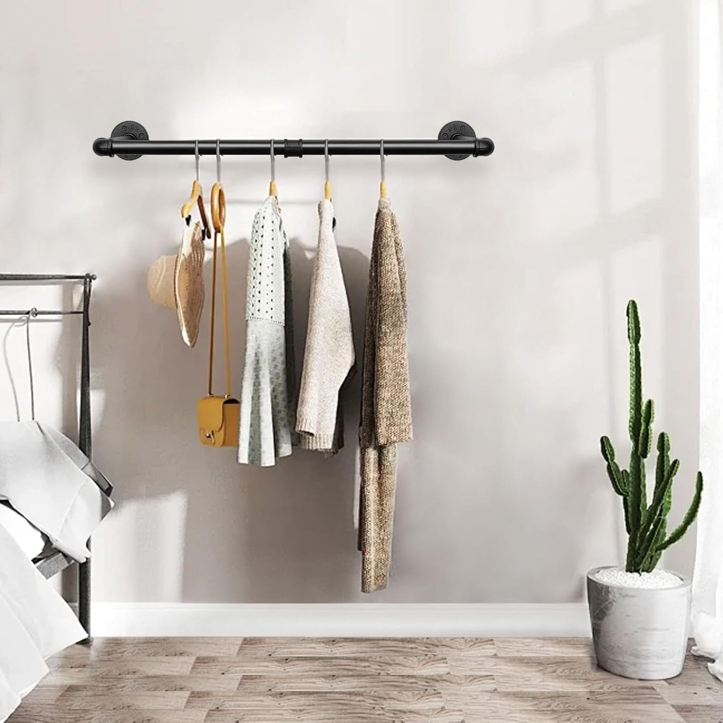 Industrial Iron Pipe Clothes Hanging Bar DIY Wall-Mounted Garment Rack Heavy Duty Clothing Rack for Bedroom, Laundry Room, Closet Storage (Black 28 inch)