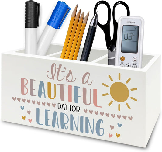 Boho Classroom Pen Pencil Holder Organizer for Desk, It's a Beautiful Day for Learning Wooden Box Signs Decorations for Home Office Desk Tabletop, Boho Classroom Decor