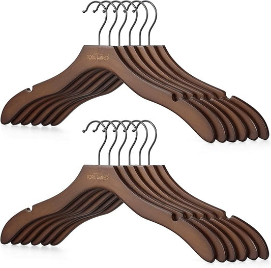 TOPIA HANGER Wooden Coat Hangers 12 Pack, Premium Wood Suit Sweater No Shoulder Bump Hangers, 360° Swivel Hook and Cut Notches Clothes Hangers for Sweater, Hoodie, Shirts, Jacket, Dress, Walnut CT84WA