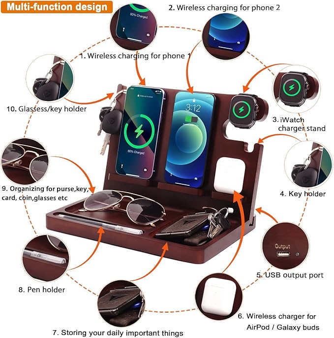 Wood Phone Docking Station,27W Fast Charging 2 Phone Wireless Charging Station for iosPhone/Android/iWatch/Air Pod,Nightstand Organizer for Men/Women,Anniversary,Birthday Gifts for Dad