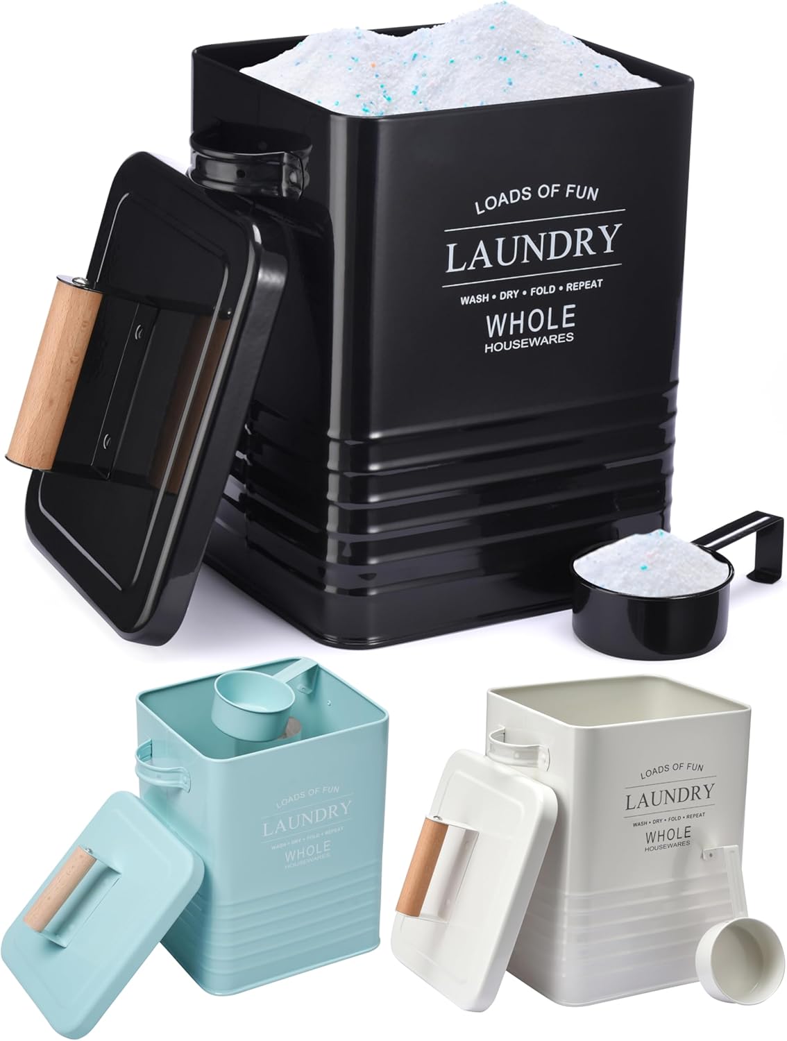 Whole Housewares Laundry Detergent Container - Tin Farmhouse Metal Laundry Powder Soap Dispenser With Scooper, Airtight Lid And Handles - Vintage Soap Pod Holder Storage Bin With Lid And Scent Holders