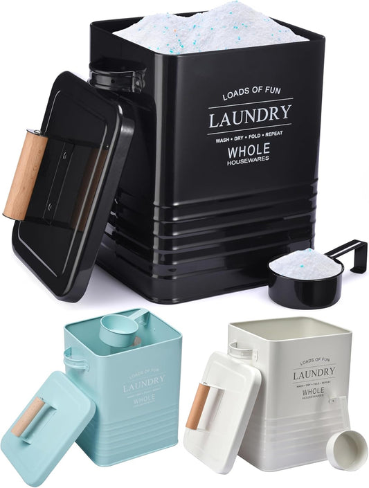 Whole Housewares Laundry Detergent Container - Tin Farmhouse Metal Laundry Powder Soap Dispenser With Scooper, Airtight Lid And Handles - Vintage Soap Pod Holder Storage Bin With Lid And Scent Holders