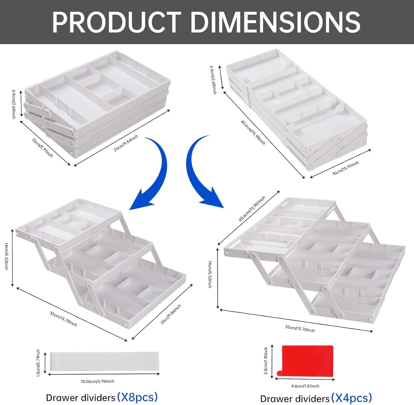 Smart Drawer Organizer Multi Level, Adjustable Folding Junk Drawer Organizer For Kitchen, Bathroom, Office, And Bedroom – Space-Saving Makeup Organizer (White)