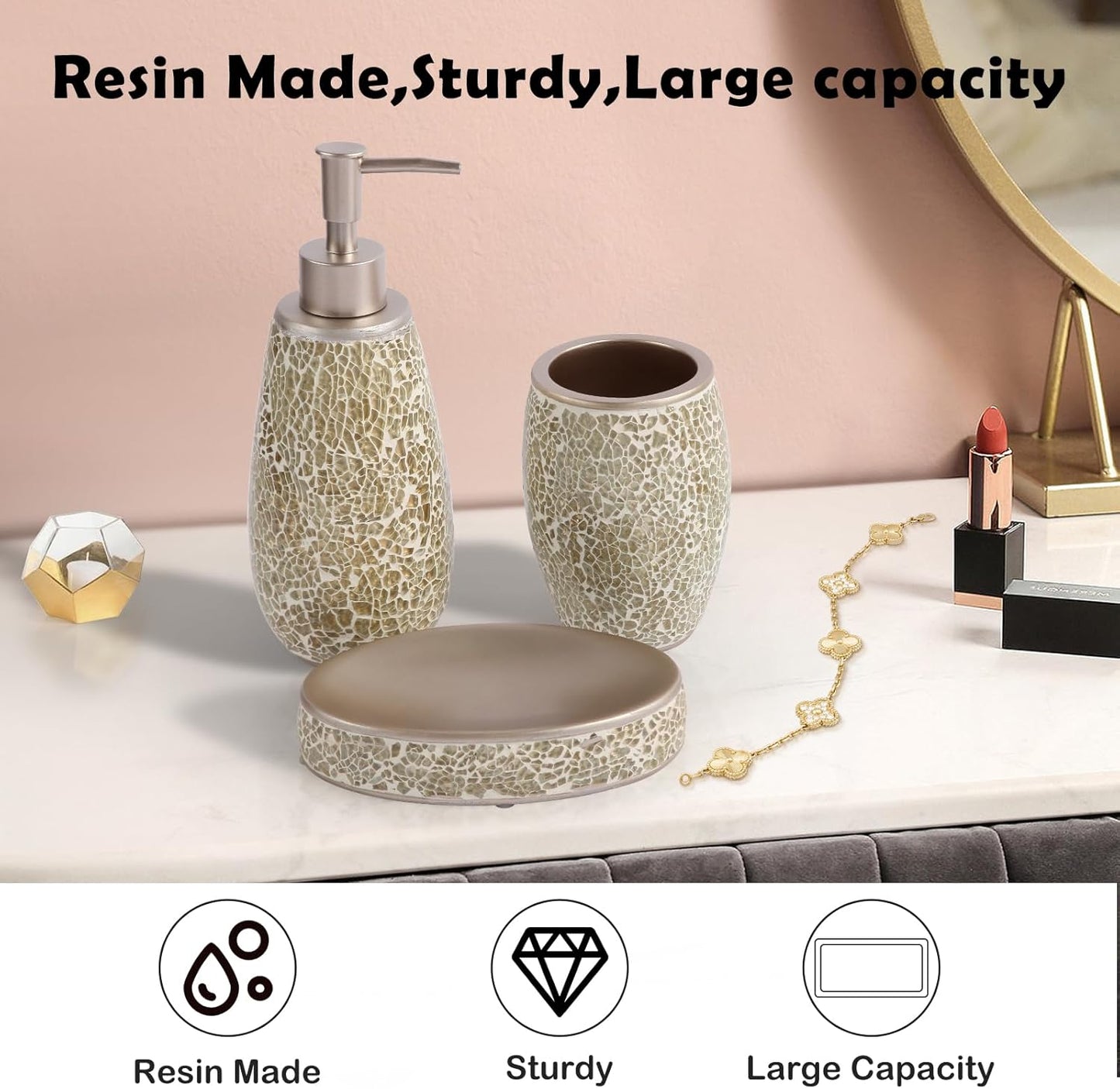 Exquisite Gold Glass Sequins Resin Bathroom Accessory Set,4 Pcs - Soap Dish,Lotion Dispenser,Toothbrush Cup,Toilet Brush & Holder,Modern Luxury Bathroom Set