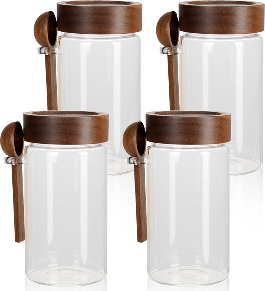 4 Pack 18 oz/550 ml Glass Storage Canister with Airtight Wooden Lid, Clear Small Decorative Container Jar with Spoon for Salad Overnight Oats Snacks Yogurt Cereal Fruit Spice Sugar Coffee