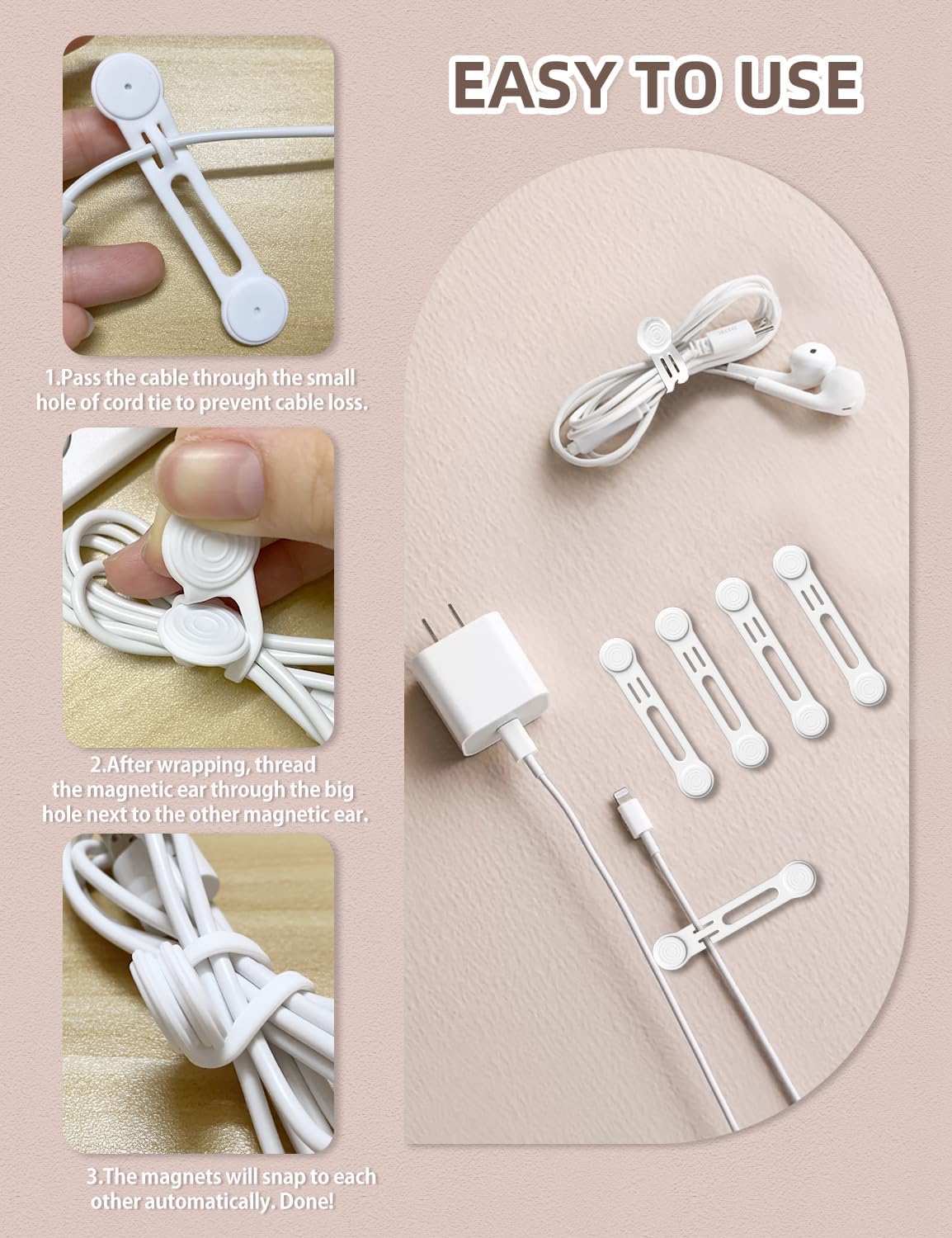 Magnetic Cord Ties Organizers, Kanemc Silicone Cable Tie Cord Wrap Reusable Twist Ties Wire Strap For Charging Cables Headphones USB Type C Cable Small Cords (8-Pack, White)