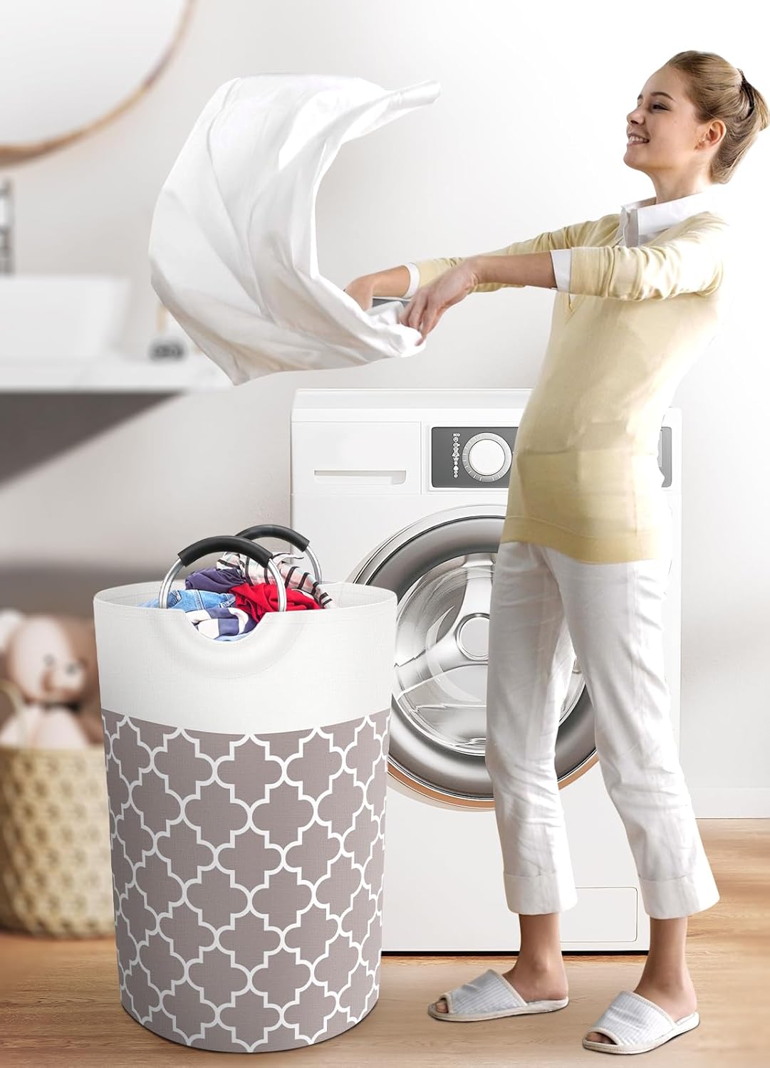 Large Laundry Basket Laundry Hamper Bag Washing Bin Clothes Bag Collapsible Tall With Handles Waterproof Travel Bathroom College Essentials Storage For College Dorm, Family (Khaki)75L