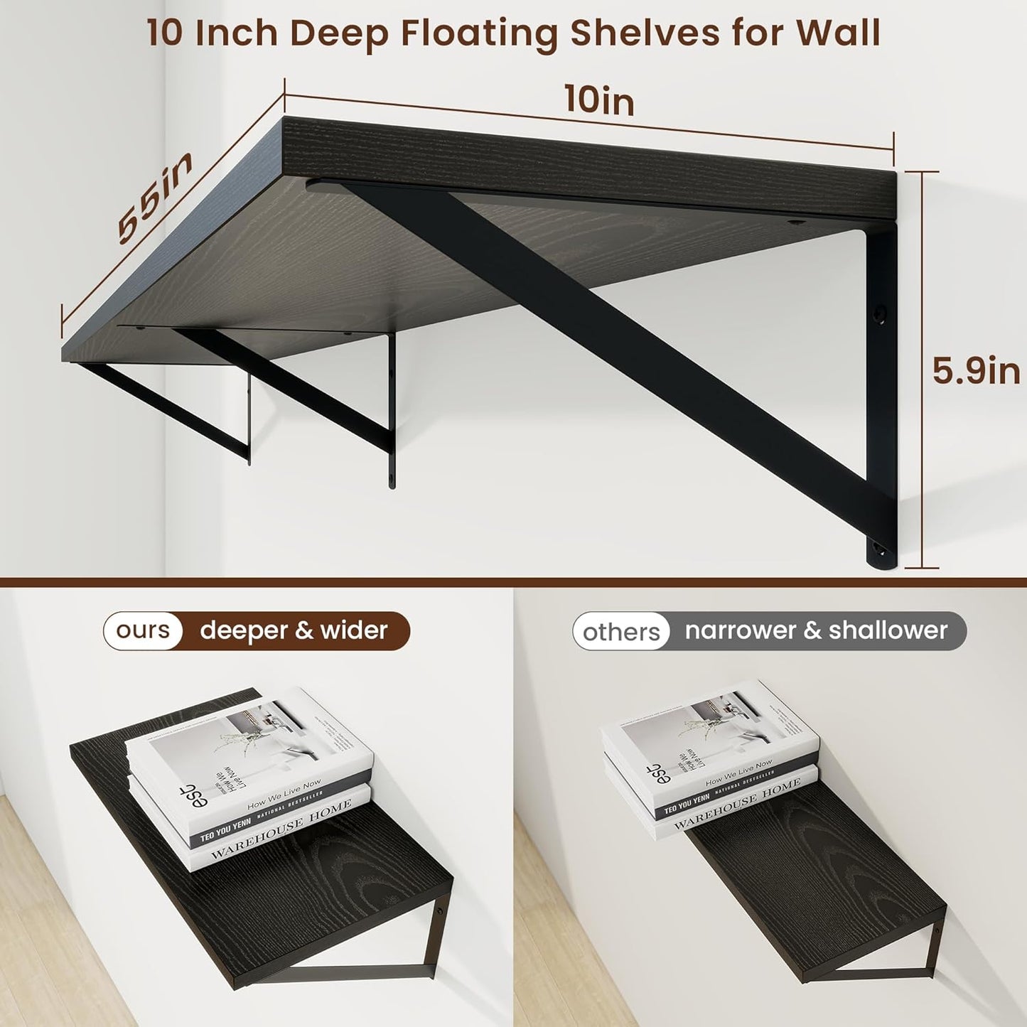 Axeman Deep Floating Shelves for Wall - 55 Inch Wide x 10 Inch Deep Black Floating Shelves Set of 2 - Wide Wall Shelves for Living Room Bathroom Bedroom