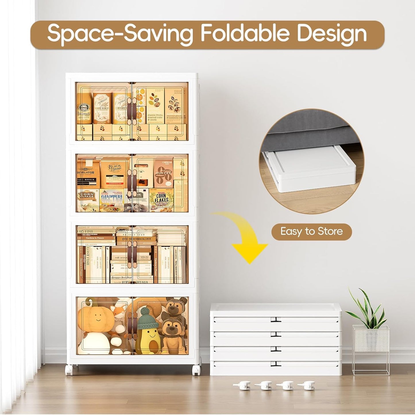 JEKO&JEKO 323Qt Stackable Storage Bins with Lids and Wheels, Foldable Collapsible Plastic Boxes for Clothes, Home, White, 4 Pack