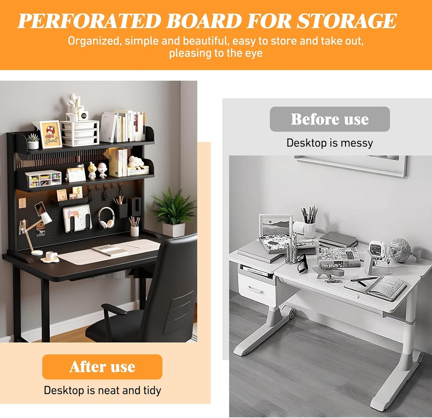 Desk Organizer Shelf for Standing Desk – Metal Frame Desk Hutch with Pegboard, Storage Shelf, and Hooks, Space-Saving Desktop Organizer for Home Office & Workstation yellow 39.4*9.3*37.4in