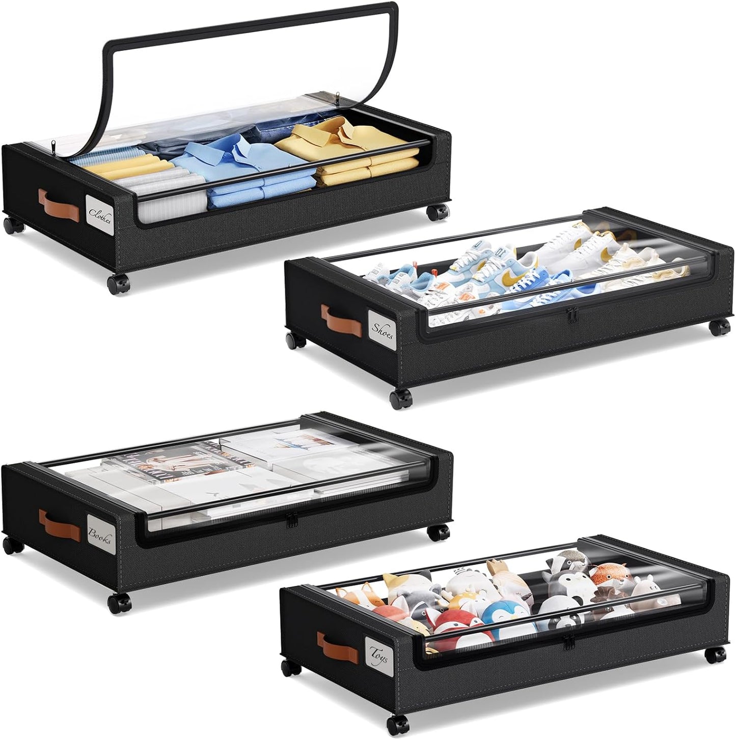 Yecaye 4 Pack Under Bed Storage with Wheels, Under Bed Storage Containers with Lids, Large Under Bed Rolling Storage with Clear Window & Label, Rolling Drawers for Clothes, Blankets, Books