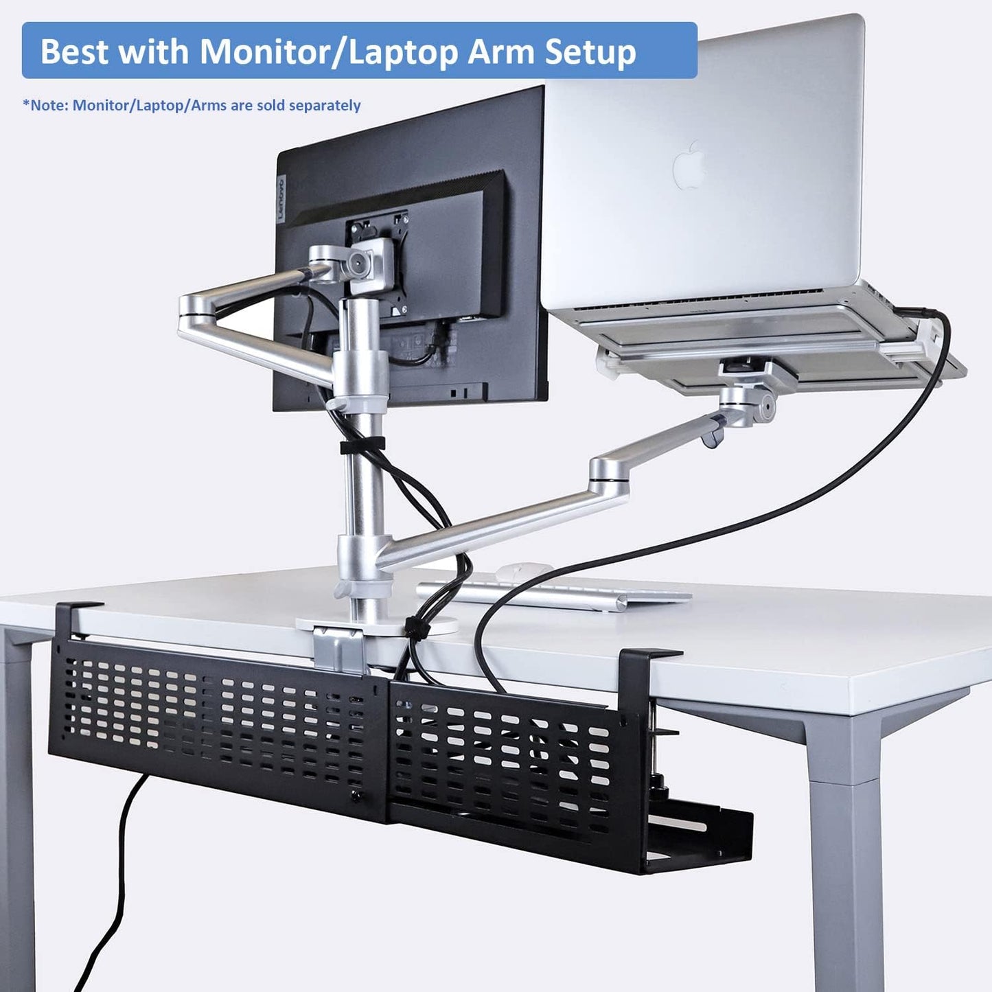 AEONS Under Desk Cable Management Tray Kit - Horizontal Adjustable up to 41” Removable C Clamp Mount Reversible Computer Cord Raceway and Modesty Panel for Large Table, Black