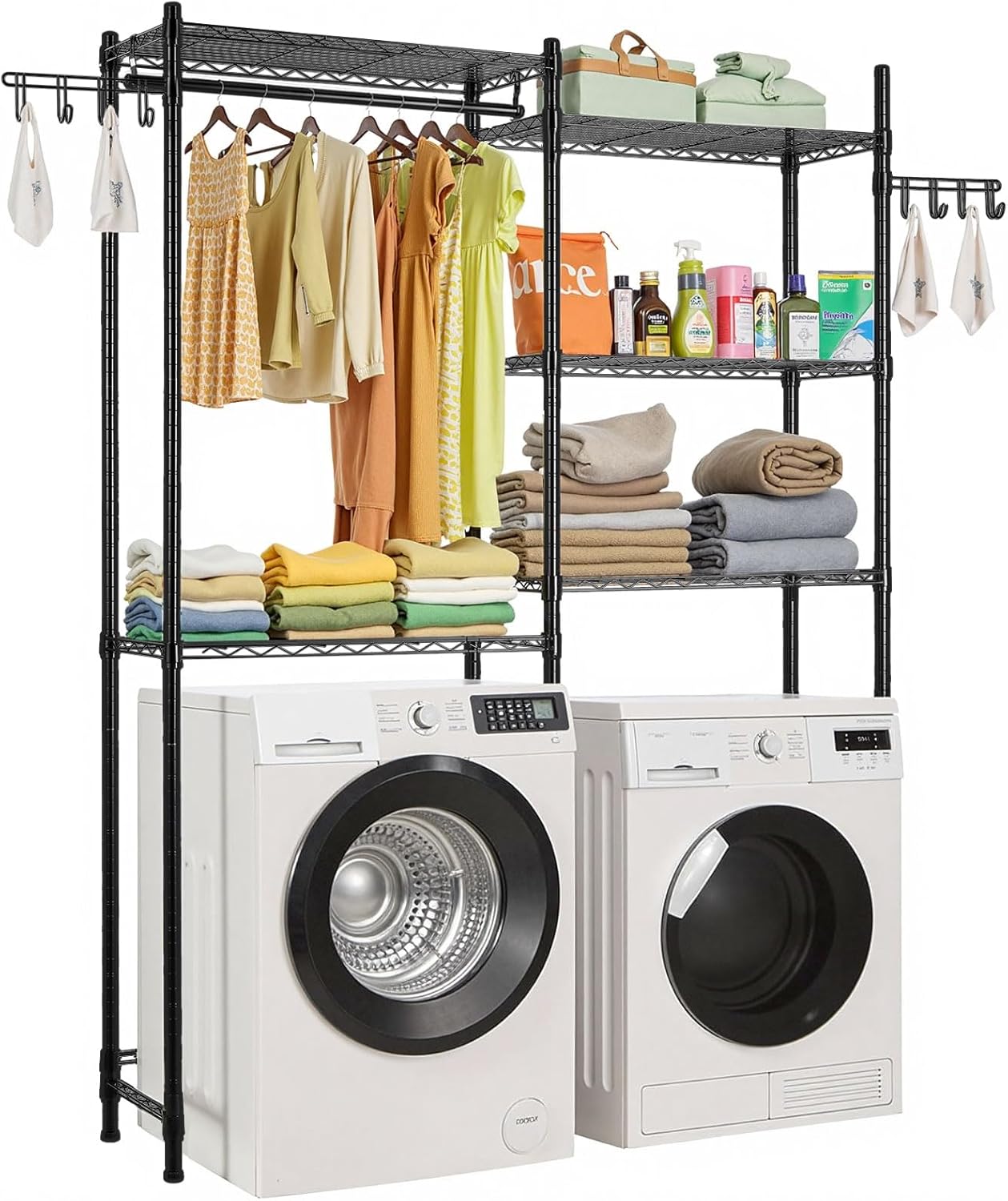 VEVOR Over The Washer and Dryer Storage Shelf, 5 Tier Laundry Room Drying Rack with Hanger Rod and Hooks, Adjustable Over Washer and Dryer Shelves, Laundry Room Shelf Storage Space Saver, Black