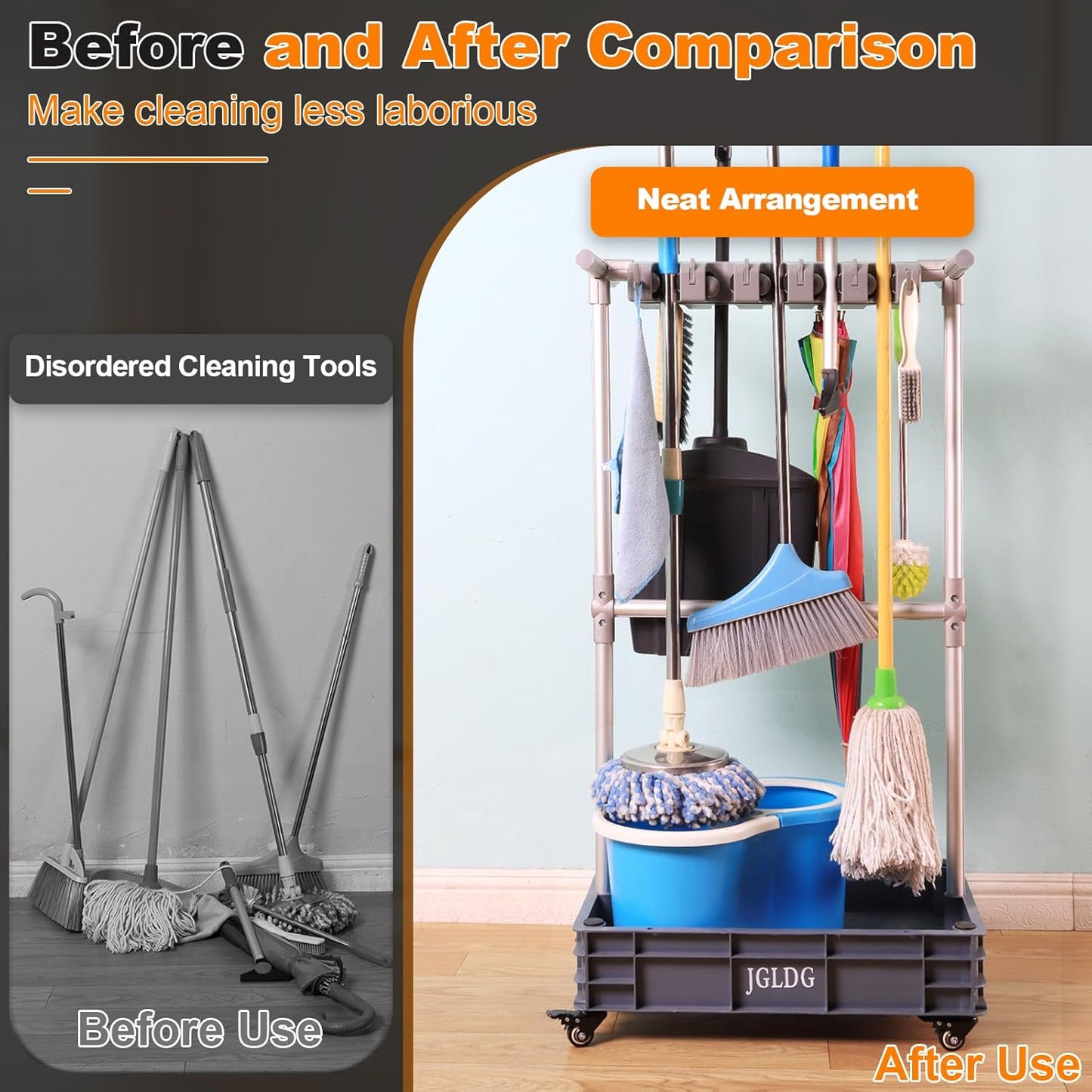 Mobile Mop and Broom Holder，Efficient Storage Solution for Cleaning Tools Keep Your Tools Handy and Organized