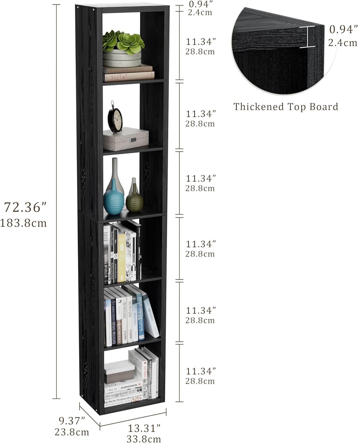 Tall Cube Storage Organizer Bookcase, 6 Tier 11 inch Open Back Cubical Shelf with Thickened Border, Display Bookshelf for Living Room, Home Office, Sturdy Room (Black, 6 Cube,Vertical)