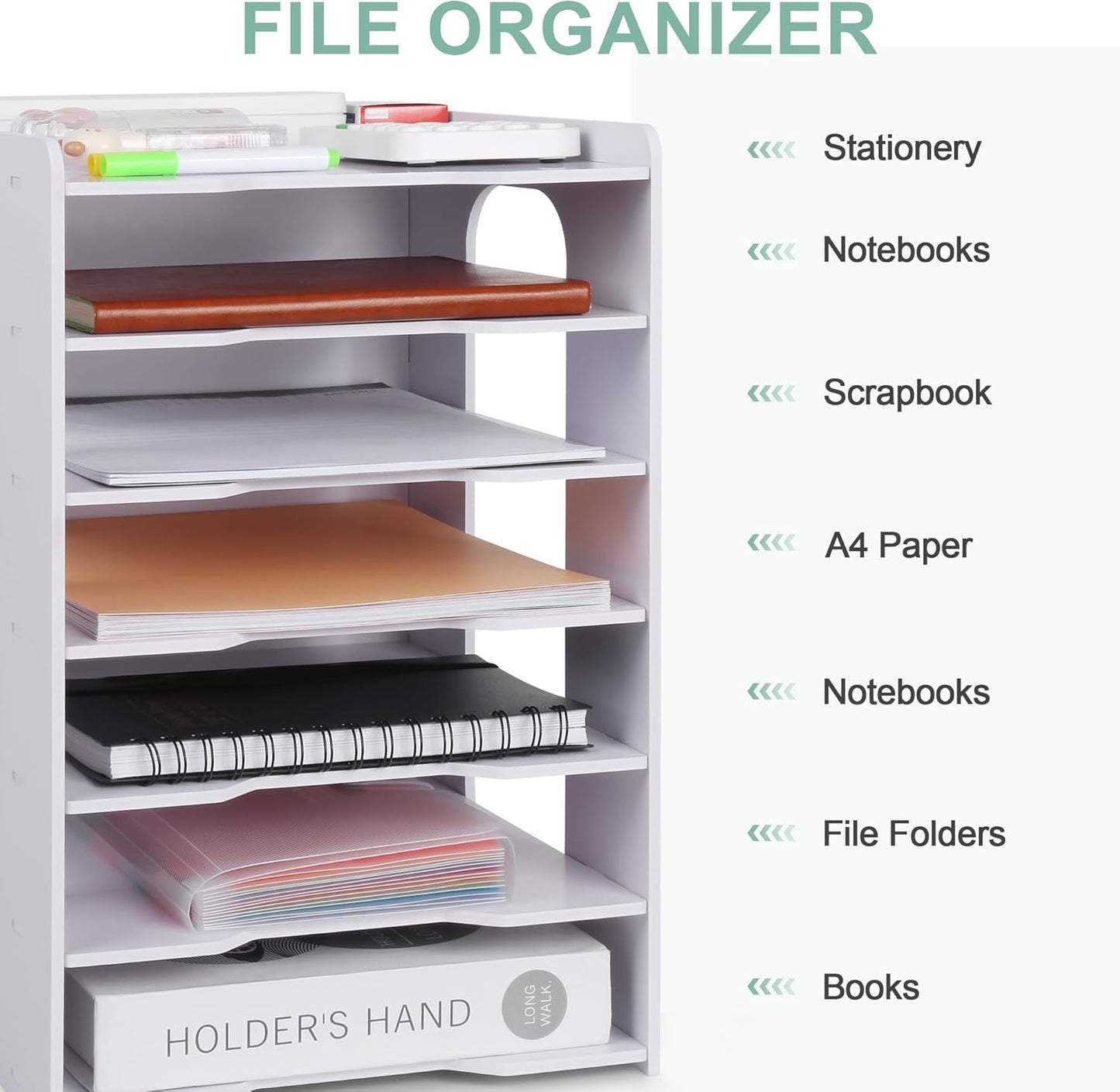 Paper Organizer Storage for Desk, 7 Tier Construction File Organizer Paper Sorter, Desktop Document Storage Holder for Home Office School, White
