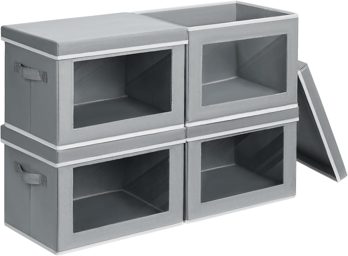 Storage Bins with Lids - Fabric Closet Storage Bins with Window, Collapsible Baskets for Shelves 4 Pack, Home Decorative Boxes for Clothes, Closet, Office, Grey