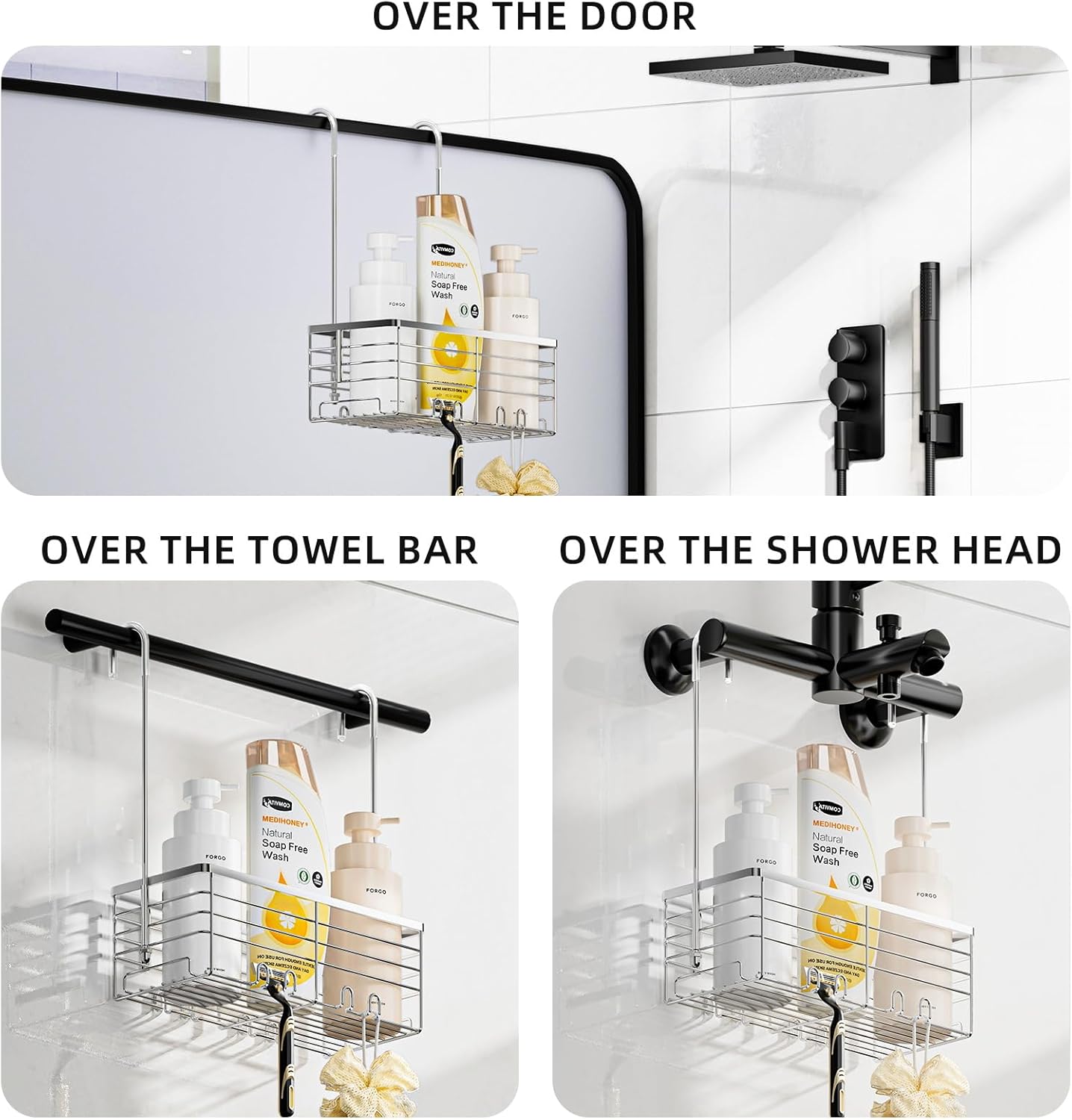 SHANSHUI Shower Hanging Caddy, Bathroom Shower Organizer Basket, Shampoo Bracket, Over Door Showers Rack with Hooks, 304 Stainless Steel Rustproof