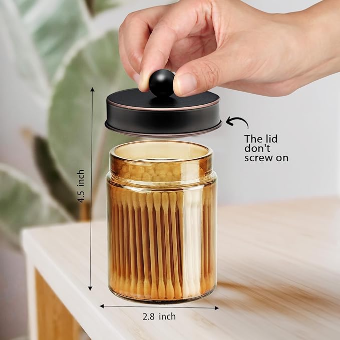 Amolliar Amber Bronze Glass Apothecary Jar With Metal Lid & Labels, Bathroom Qtip Holder Dispenser Storage Canister, Perfect for Cotton Balls, Cotton Swabs, Makeup Pads, Bath Salt, Floss, 2 Pack (ORB)