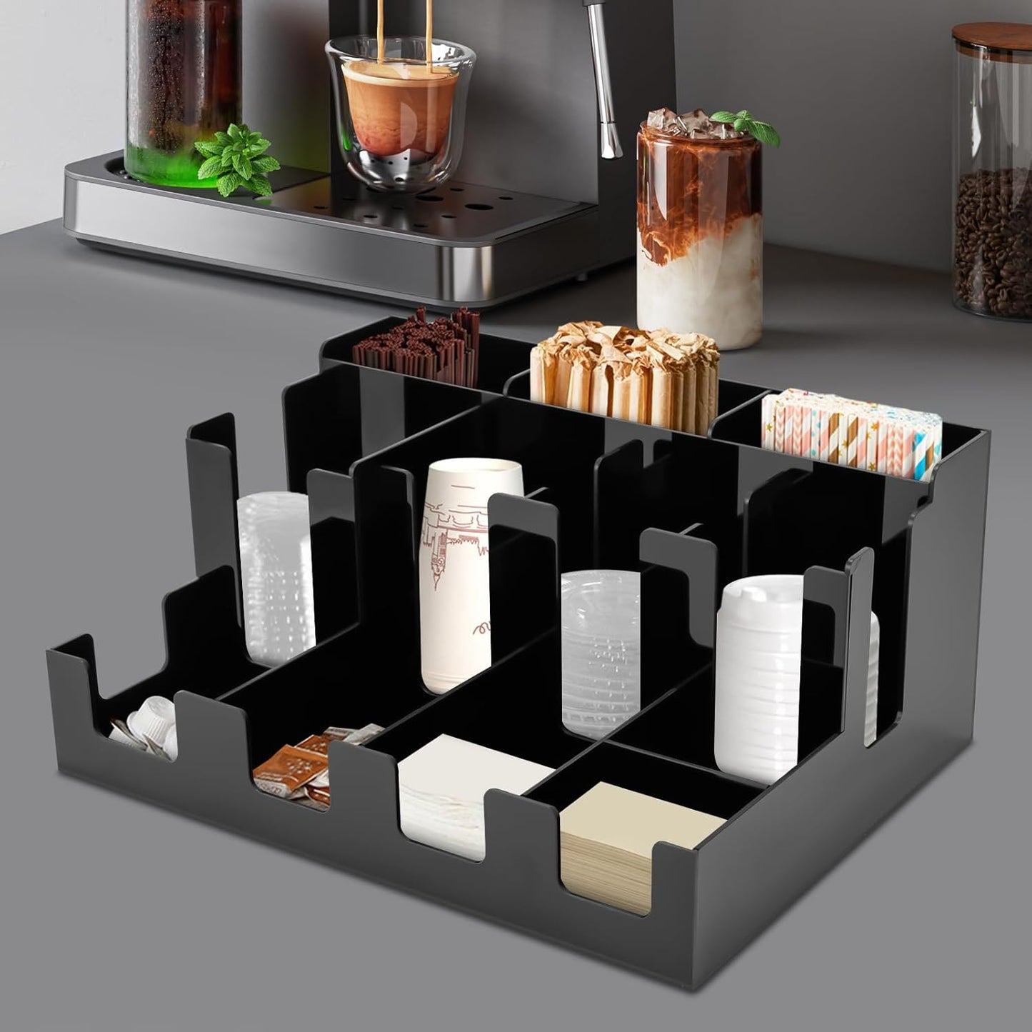 Coffee Bar Organizer for Countertop, Acrylic Coffee Station Organizer Condiment Organizer Coffee Cup Syrup Pod Holder, Coffee Bar Organizer for Home Office Cafe, 12 Compartment, Black