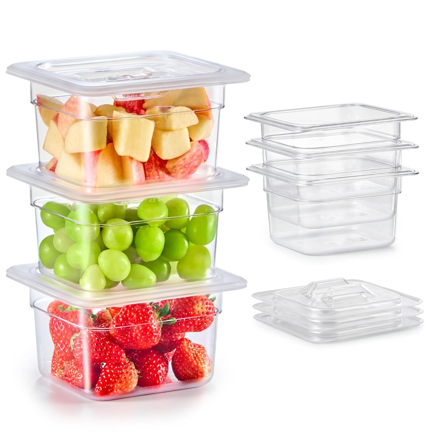 WILPREP 6 Pack Plastic Food Pans with Lids NSF Listed, 1/6 Size 4 in Deep Clear Food Storage Containers, 1.8 qt Stackable Polycarbonate Commercial Hotel for Fruits Vegetables Beans Corns