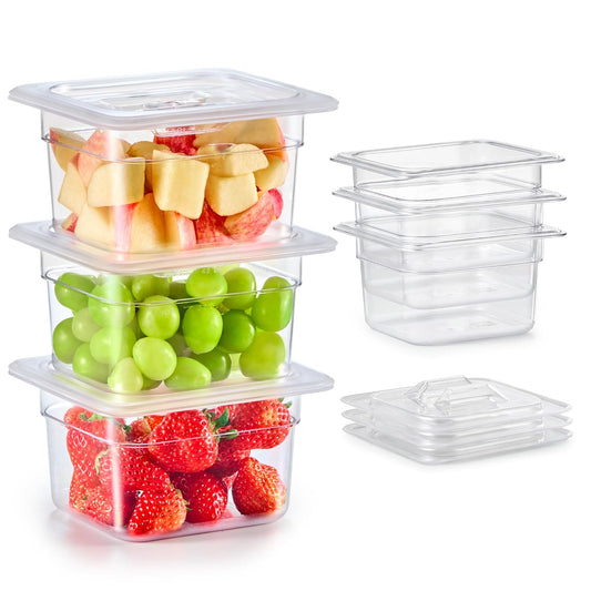 WILPREP 6 Pack Plastic Food Pans with Lids NSF Listed, 1/6 Size 4 in Deep Clear Food Storage Containers, 1.8 qt Stackable Polycarbonate Commercial Hotel for Fruits Vegetables Beans Corns