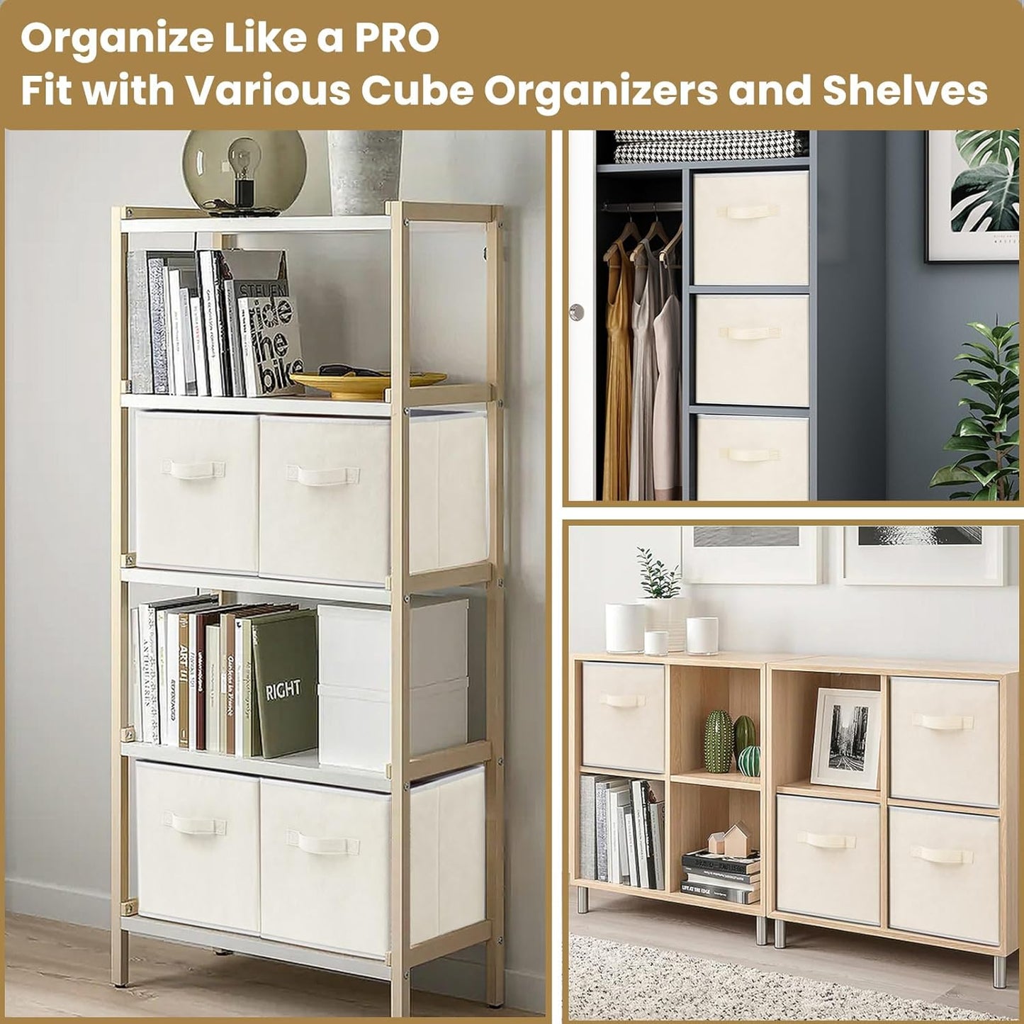 Criusia Storage Cubes, 11 Inch Clothes Storage Bins with Dual Handles (10 Pack), Fabric Collapsible Storage Bins for Shelves Closet, Cubby Organizer Bins for Clothing Toys Blanket Yarns (Beige)