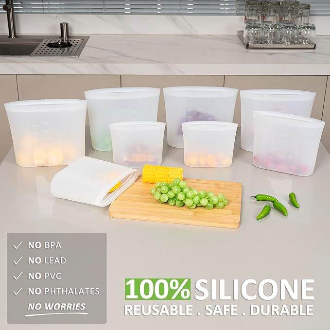 Reusable Storage Bag, 8 Pack 100% Silicone Food Storage Bags Stand Up Silicone Zip Lock Bags for Food Container, Freezer Microwave Oven Dishwasher Safe, 4 Medium 2 Small 2 Extra Small, Translucent