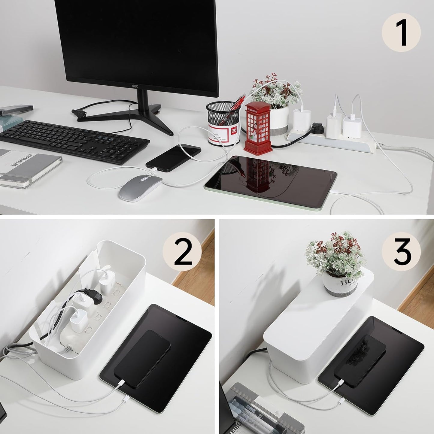 YECAYE 2 Pack Cable Management Box, Pet Friendly Cord Organizer Box for Home & Office, Child-Proof Cable and Power Strip Protector Box, Wire Hider and Cord Organizer for Desk, White