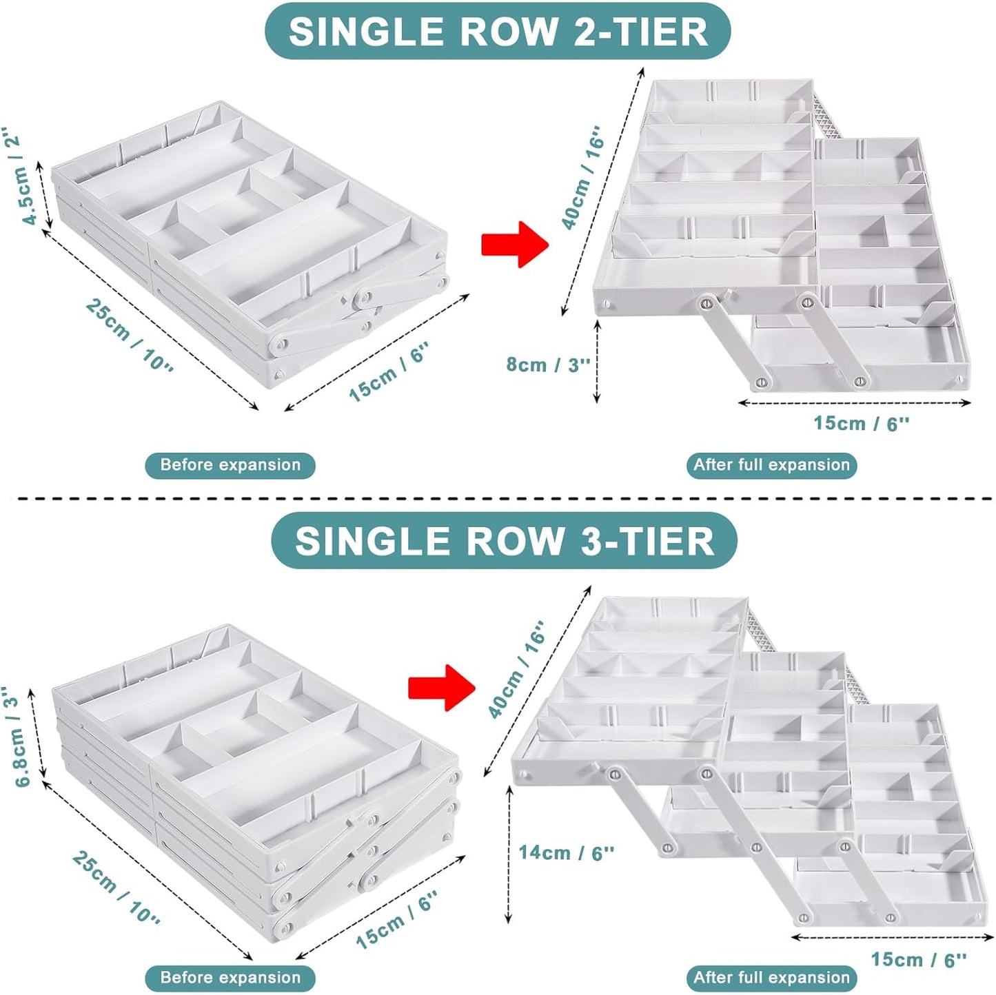 Aobiono Multi Level Smart Drawer Organizer, Multi Tier Expandable Storage Collapsible Foldable Trays for Jewelry, Cosmetics, Makeup, Tools, Battery (White, Single Row - 3 Levels)