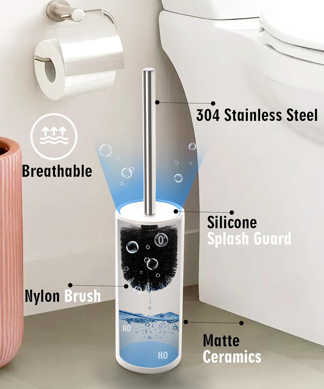 Matt White Ceramic Toilet Brush and Holder Set, Durable Bristles Non Scratch Toilet, Long Stainless Steel Handle, Freestanding Toilet Bowl Cleaners Brush, Scrubber Brush for Toilet