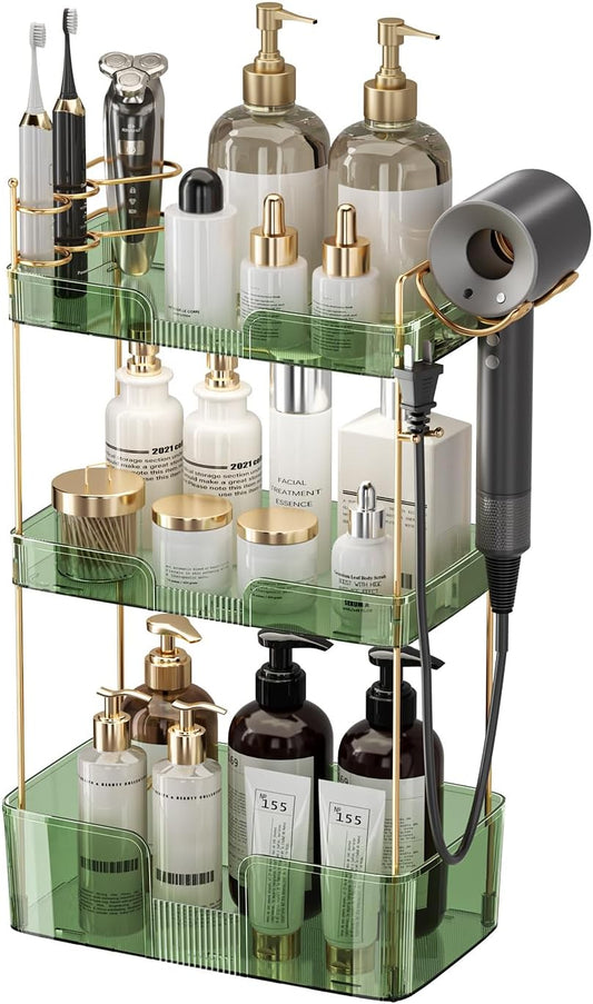3 Tier Bathroom Organizer Countertop Makeup Perfume Tray Skincare Organizer Comes with Hair Dryer Rack and Toothbrush Holder for Bathroom Dresser Vanity (Green)