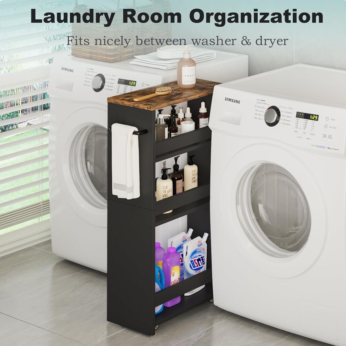 MARTY Rolling Storage Cart 7.9" W, 4-Tier Kitchen Cart with Wheels Handle, Slim Storage Cart Mobile Shelving Utility Carts for Bathroom Laundry Room Organization Narrow Places (Black)