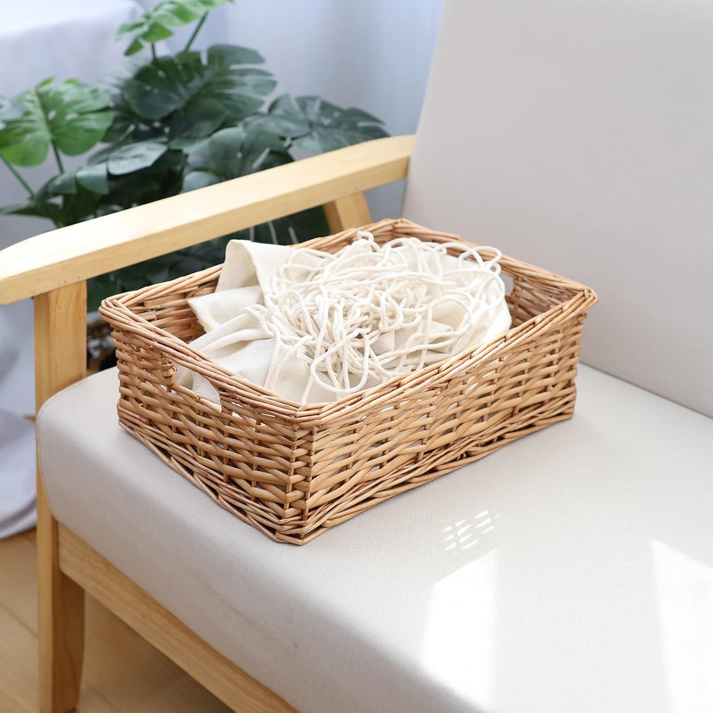 YAHUAN Rectangular Wicker Storage Basket Woven Rattan Basket with Handle, Baskets for Organizing Bathroom,Bedroom,Living room,Pantry (Wicker)