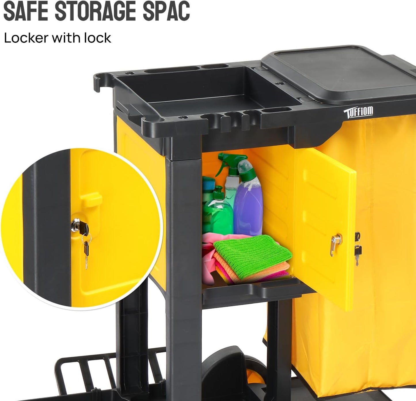 TUFFIOM Janitorial Cart with Key-Locking Cabinet, 3-Shelf Commercial Cleaning Cart, Housekeeping Caddy with Locker,Wheeled with Yellow Vinyl Bag, Black, Great for Hotel, Stores, Schools, and Business