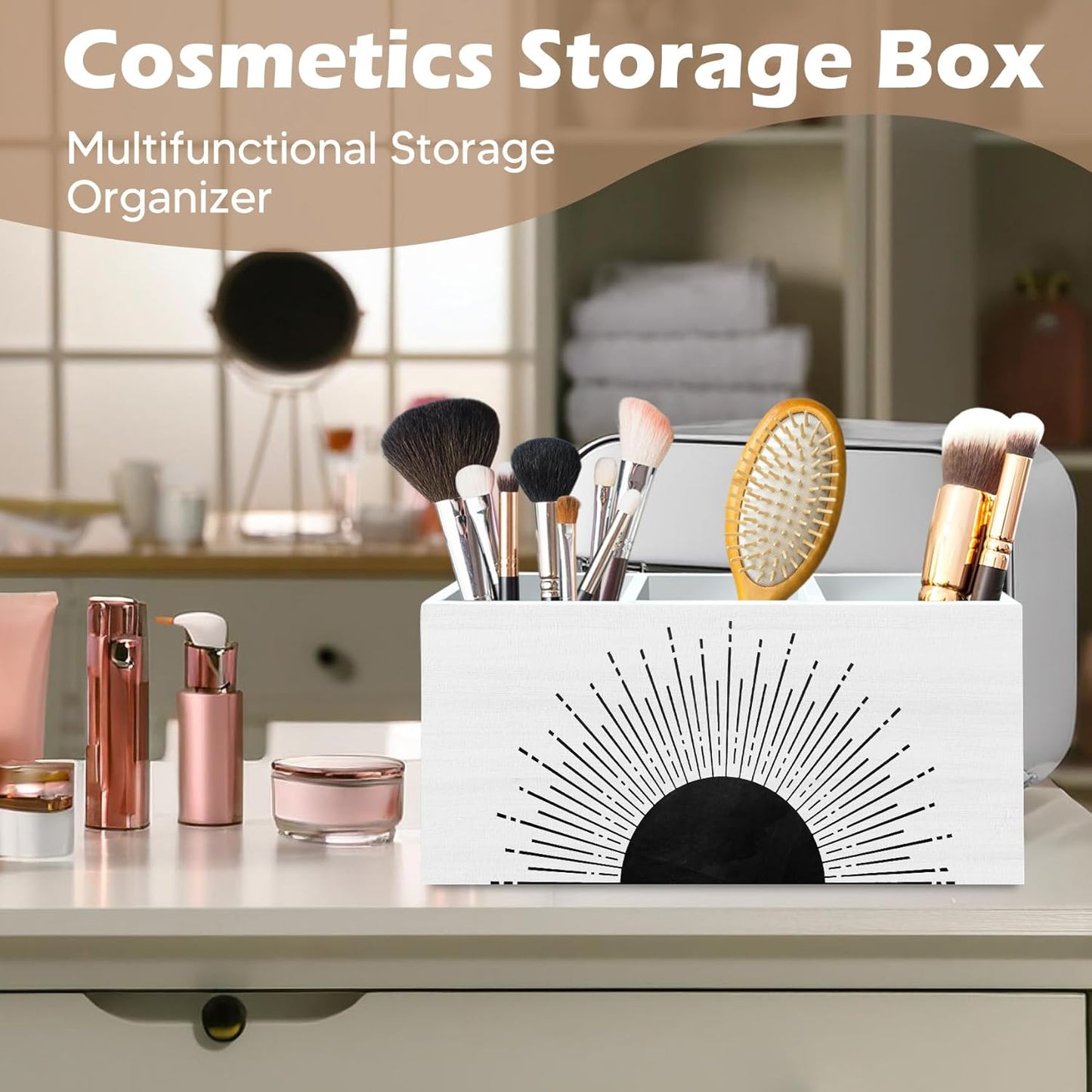 DILSJ Boho Abstract Sunshine Pen Pencil Holder Organizer for Desk, Boho Office Decor, Black and White Mid Century Modern Minimalist Sunshine Wooden Box Signs for Home Office Desk Tabletop Decoration